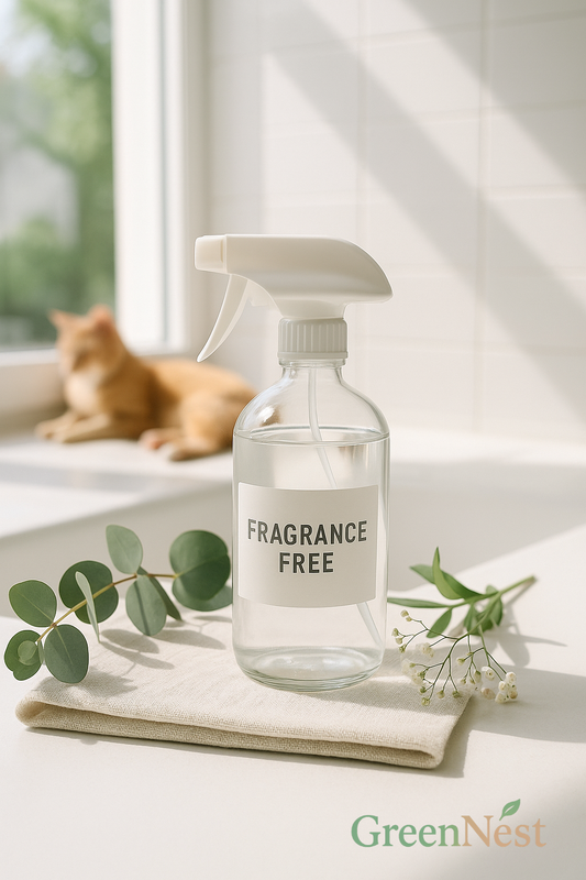 Fragrance-free eco-friendly cleaning spray bottle on a soft cloth with eucalyptus and baby's breath, in a sunlit bathroom with a ginger cat resting on the windowsill – GreenNest safe home cleaning scene