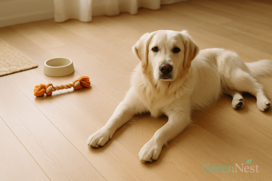 A cream-colored Golden Retriever lying comfortably on a clean, natural wood floor next to a rope toy and ceramic dog bowl, representing a pet-safe, eco-friendly home environment — GreenNest.