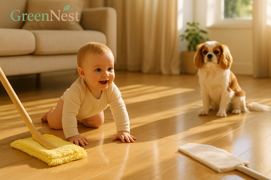 GreenNest eco-friendly natural floor cleaner safe for crawling babies and pet paws in a sunlit living room