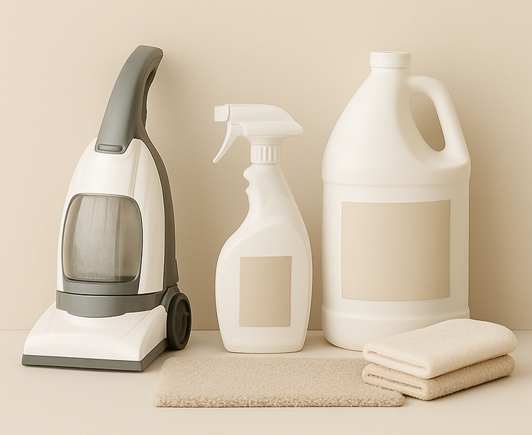 Eco-friendly deep carpet cleaning kit with spray bottle, gallon jug, compact vacuum, and microfiber towels in neutral background