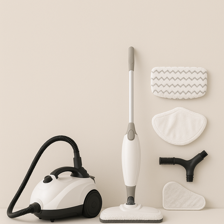 Steam cleaning essentials set including a steam mop, compact steam cleaner, and various microfiber mop accessories displayed on a neutral beige background. Ideal for chemical-free floor cleaning.