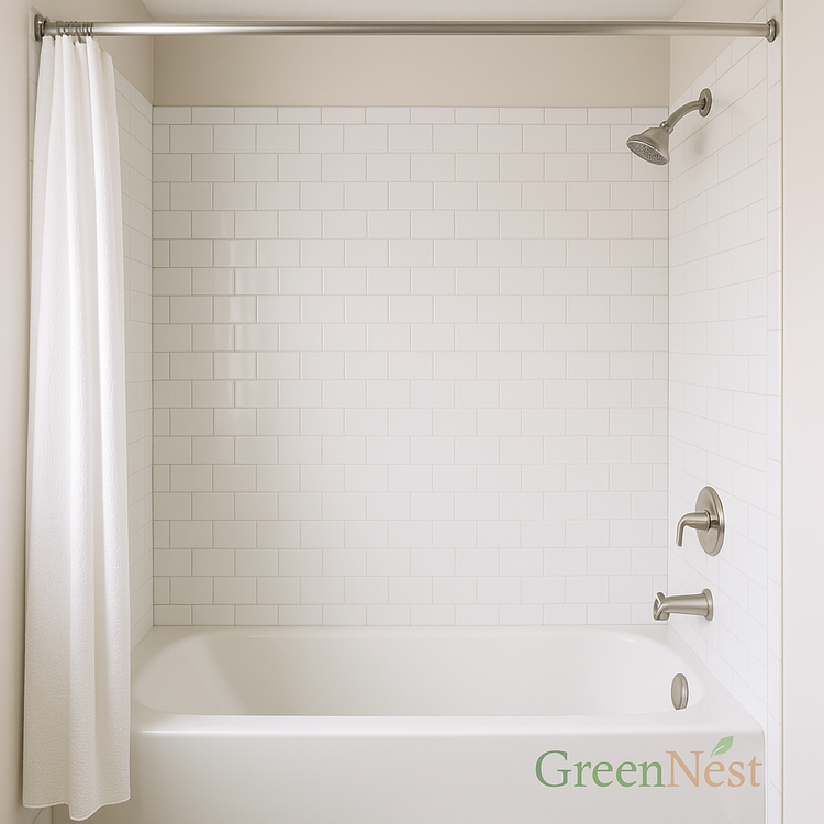 Modern white bathtub with clean subway tile walls and brushed nickel fixtures in a mold-free bathroom, featuring GreenNest eco-clean branding
