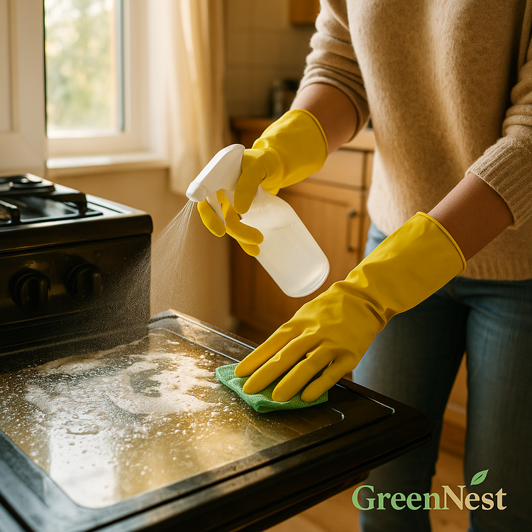Person cleaning a greasy oven door with natural degreaser spray and sponge in a sunlit kitchen, wearing yellow gloves, featuring GreenNest eco-clean branding