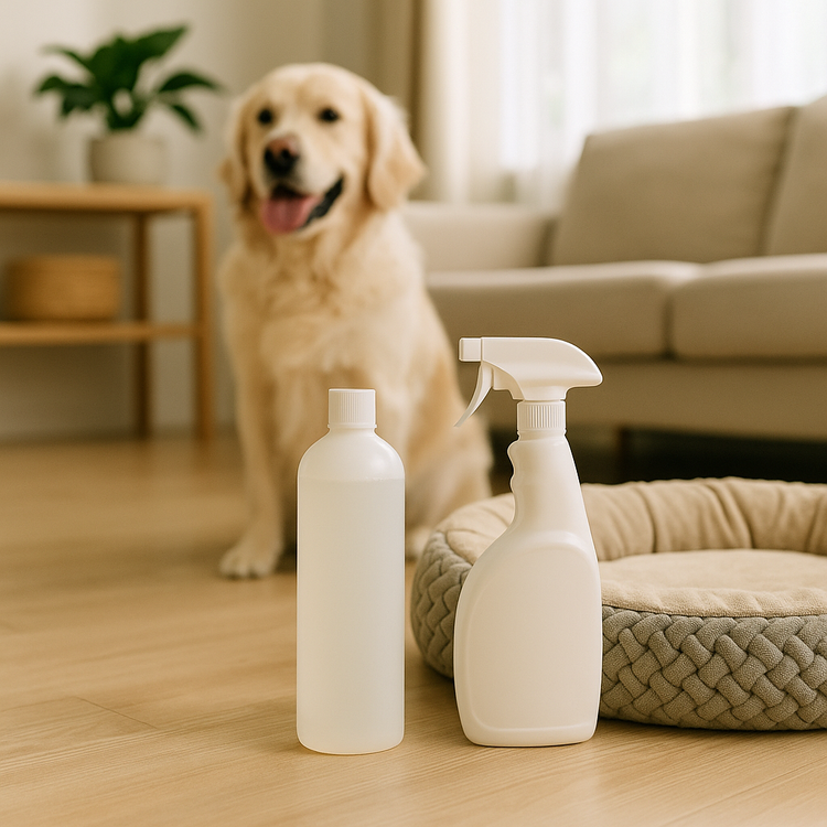 pet-safe cleaner bottles near pet bed