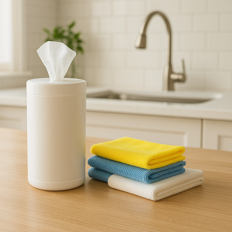 cleaning cloths and wipes on kitchen counter