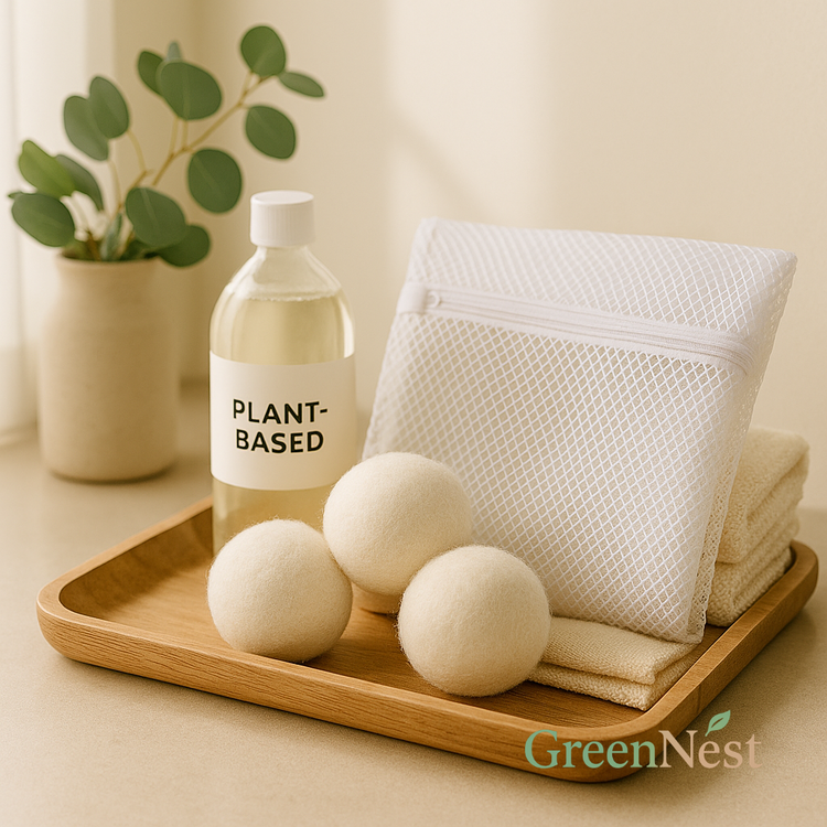 Eco-friendly laundry setup with wool dryer balls, a mesh laundry bag, folded cotton towels, and a plant-based detergent bottle arranged on a wooden tray, promoting sustainable laundry tools and zero-waste fabric care.