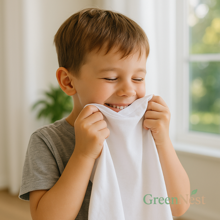 Smiling child holding and smelling a freshly washed white shirt, highlighting the gentle softness and safety of plant-based, fragrance-free fabric softeners for sensitive skin.