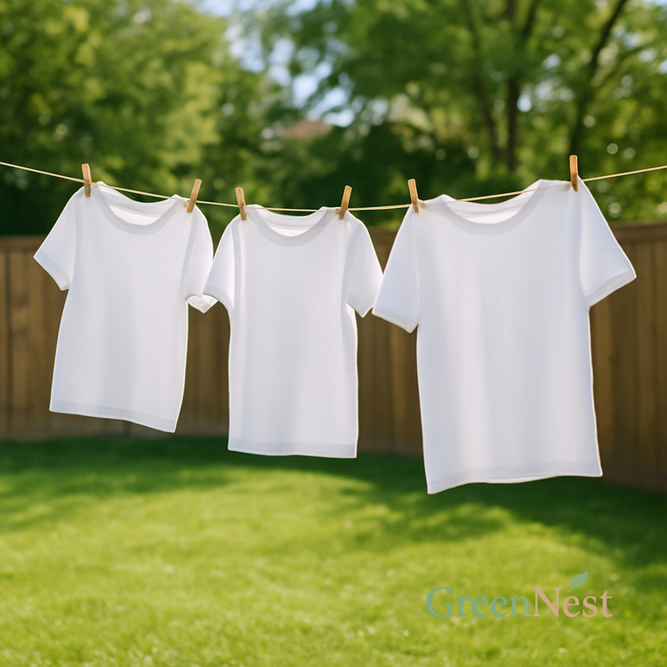 Three bright white t-shirts hanging on a clothesline in a sunlit backyard, symbolizing freshness and plant-based laundry cleaning with eco-friendly detergent.