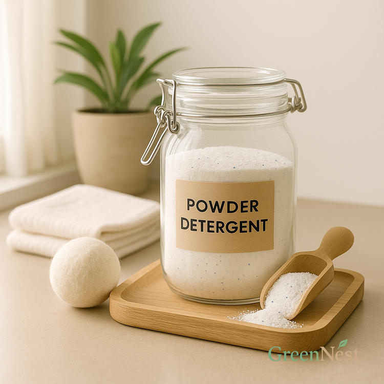 Glass jar of eco-friendly powder detergent with wooden scoop, wool dryer ball, and reusable cloths on a wooden tray in a sunlit laundry space, promoting zero-waste plant-based laundry care.
