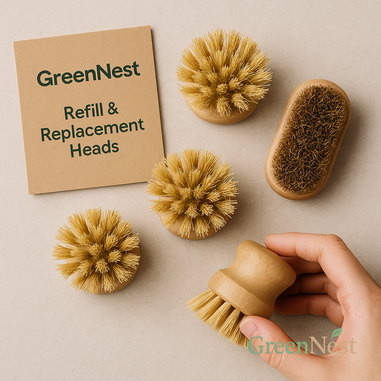 GreenNest refill and replacement brush heads with natural bristles and wooden bases arranged on a beige background, with a hand holding one—ideal for eco-conscious cleaning tool renewal.