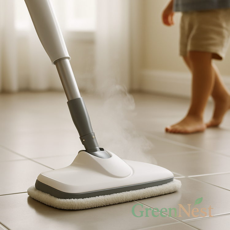 Steam mop releasing vapor while cleaning a tiled floor, with a child walking barefoot nearby, highlighting chemical-free deep cleaning and safe sanitizing with GreenNest eco-friendly steam mop.