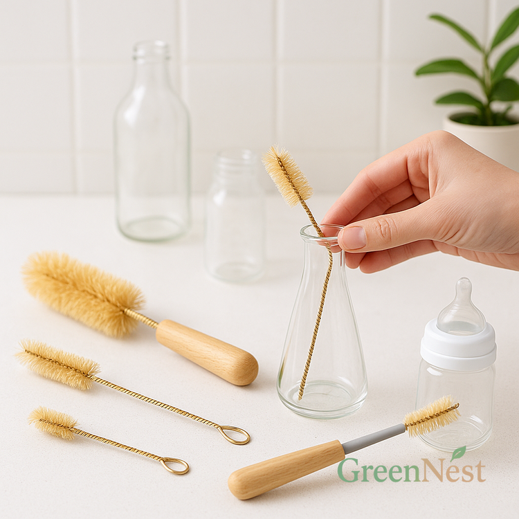 Eco-friendly tube cleaning brushes with wooden handles arranged on a white countertop, including one being used to clean the narrow neck of a glass vase and another next to a baby bottle straw — ideal for kitchens, labs, and nursery hygiene.
