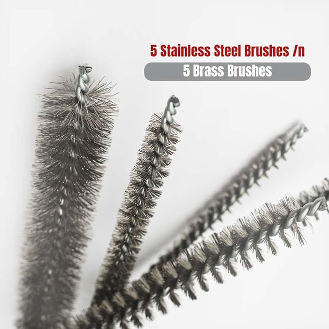 10-Piece Tube Cleaning Brush Kit | Brass Wire Bore Brushes & Stainless Steel Brushes 12" Long (1/4" to 3/4") for Tubes, Cylinders, and Narrow Spaces