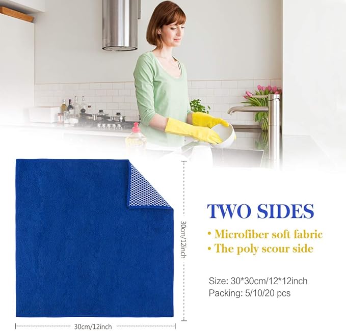 SINLAND Microfiber Dish Cloth for Wshing Dishes Dish Washing Rags Best Kitchen Washcloth Cleaning Cloths Poly Scour Side 12inchx12inch 5 Color Assorted 10 Pack