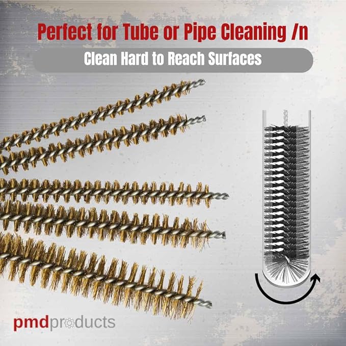 10-Piece Tube Cleaning Brush Kit | Brass Wire Bore Brushes & Stainless Steel Brushes 12" Long (1/4" to 3/4") for Tubes, Cylinders, and Narrow Spaces