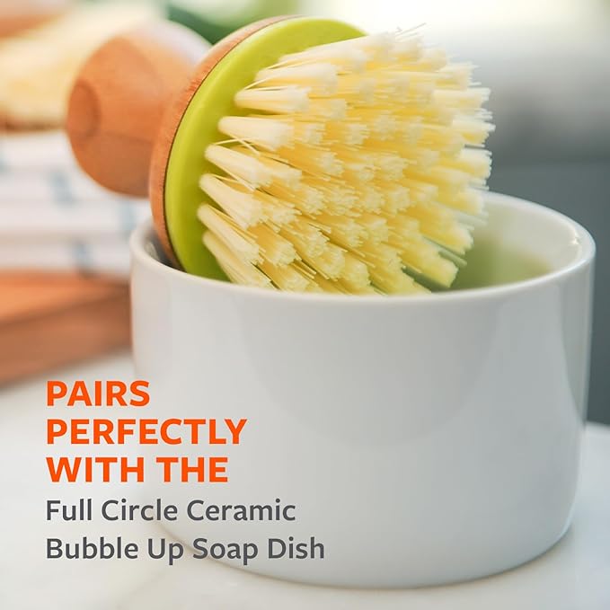 Full Circle Bubble Up Bamboo Dish Brush – Ergonomic Palm Scrubbers with Handle for Kitchen Cleaning, Hand Washable Green Brushes, Green, Pack of 2