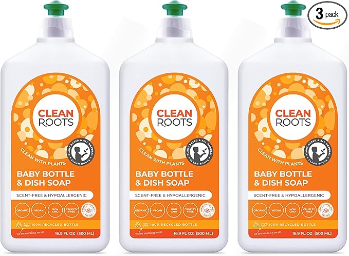 Baby Bottle & Dish Soap, EcoGarantie Certified 100% Organic & Natural Ingredients, Scent-Free & Hypoallergenic, Dermatologically Tested & Approved - Pack of Three 16.9 fl oz (500 mL)