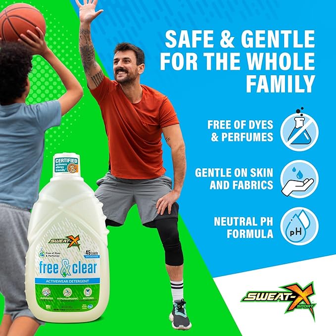 Sweat X Free & Clear Activewear Laundry Detergent – Certified Asthma & Allergy Friendly® – Hypoallergenic – Remove the Worst Odors & Toughest Stains – High-Performance Sports Wash – 45 Loads – 4 Pack