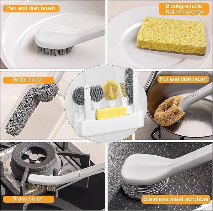 Dish Brush Set of 7 with Holder for Scrubing Dishes Pots Pans Bowls Plates Bottles Sinks Grills Kitchen Counter Microwaves,Organize in 1,Easy Storage,Compact design,Exchangeable handle,Drainage Design