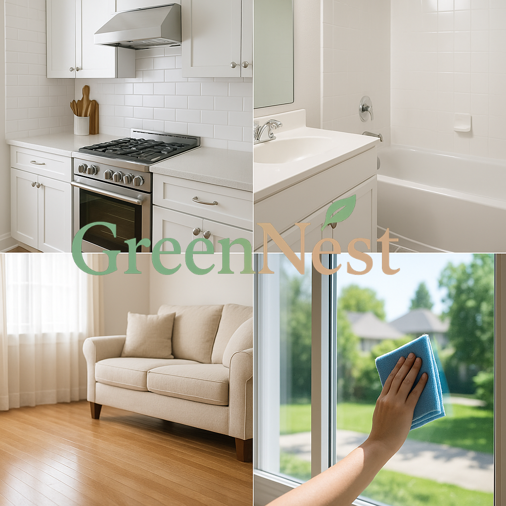 Eco-friendly all-purpose cleaner used on a spotless white kitchen, clean bathroom with tub, polished hardwood living room floor, and sparkling glass window being wiped—ideal for multi-surface home cleaning.