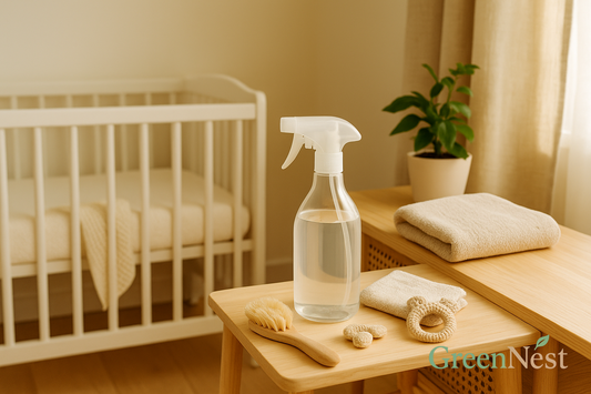 A sunlit nursery featuring a white crib and a wooden changing table with eco-friendly cleaning tools, including a natural spray bottle, baby-safe brush, and soft towels—highlighting GreenNest’s commitment to non-toxic care for babies.