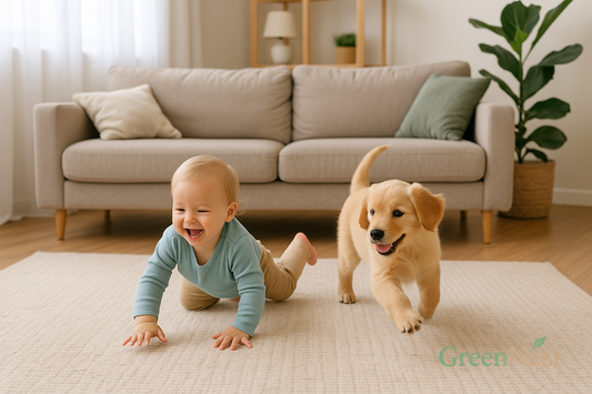 A happy baby and a playful Golden Retriever puppy enjoying a safe, toxin-free living room environment — representing the family-friendly, eco-conscious home that GreenNest cleaning products help create.