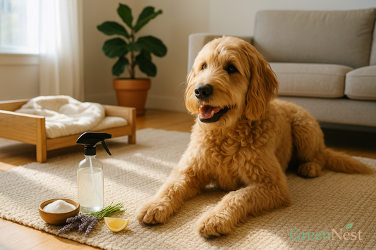 Natural pet odor remover concept — a golden doodle lying on a beige rug in a sunlit living room, with baking soda, lavender, lemon, and a glass spray bottle beside a wooden dog bed. Safe and eco-friendly dog-safe deodorizing scene by GreenNest.