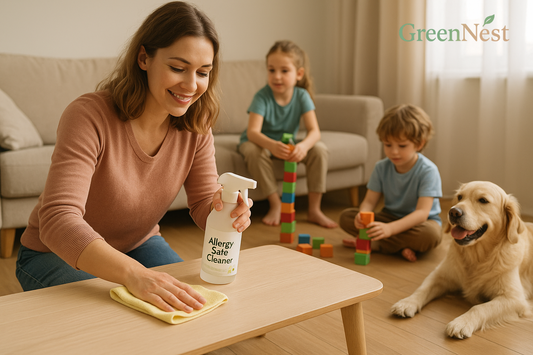 GreenNest allergy-safe cleaner being used in a family living room, safe for kids and pets with a cozy dog and children playing nearby