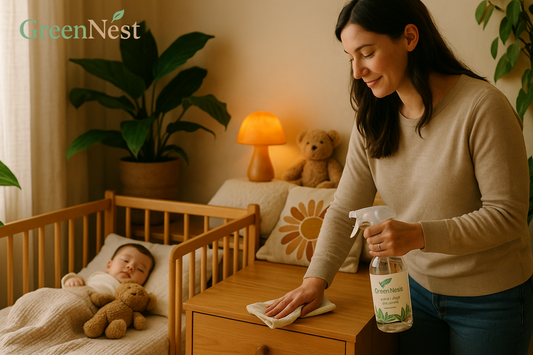 Mother cleaning nursery dresser with GreenNest eco-friendly cleaner while baby sleeps peacefully in crib, safe cleaning kit for new parents.