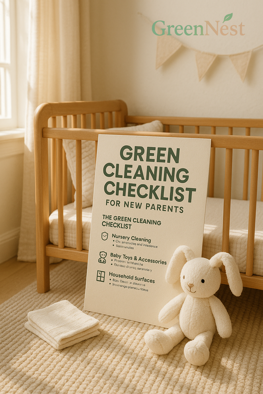 Sunlit baby nursery with wooden crib, plush bunny toy, and folded fabric, styled for a GreenNest newborn-safe cleaning checklist