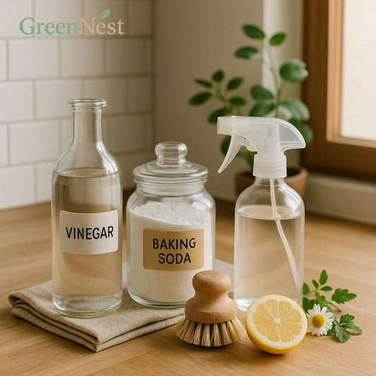 Natural vinegar alternatives for cleaning on a kitchen counter with baking soda, lemon, and eco tools — a GreenNest approach to non-toxic, family-safe home care.