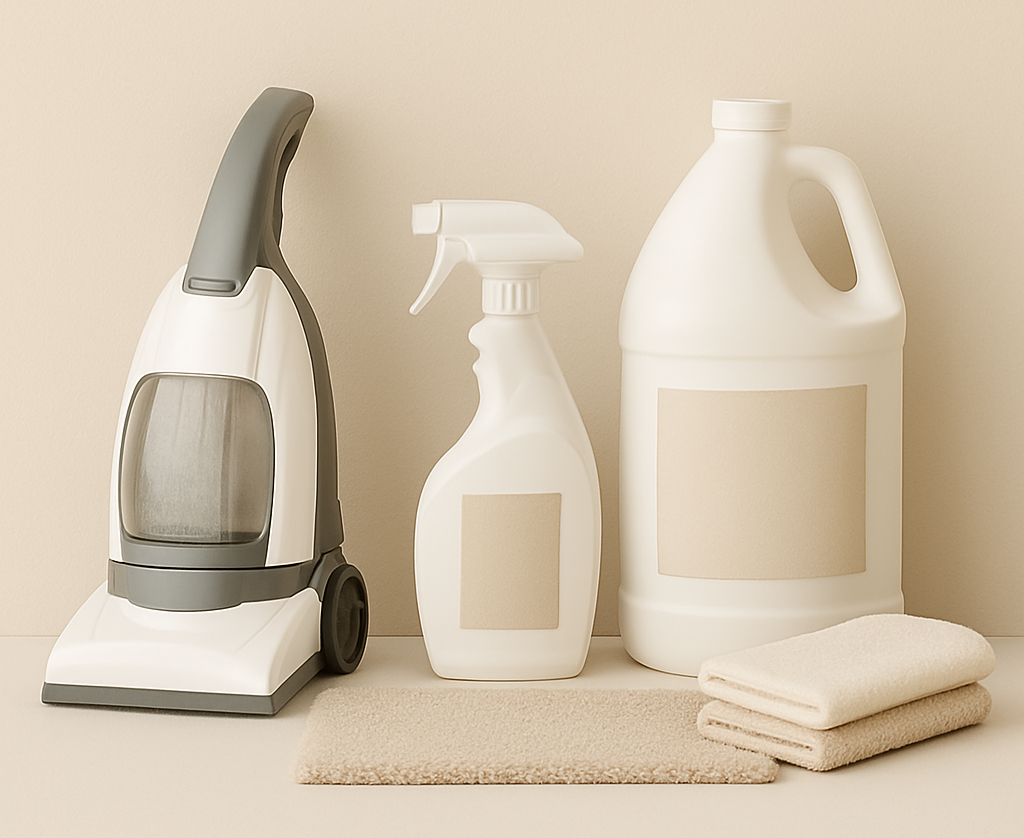 Eco-friendly deep carpet cleaning kit with spray bottle, gallon jug, compact vacuum, and microfiber towels in neutral background