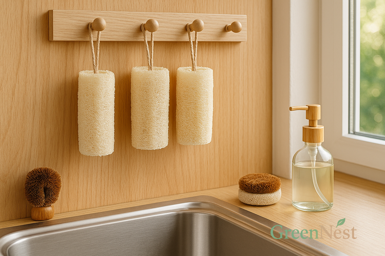 Set of natural loofah scrubbers hanging above a stainless steel kitchen sink, with bamboo soap dispenser and plant-fiber brushes on a sunlit wooden backsplash