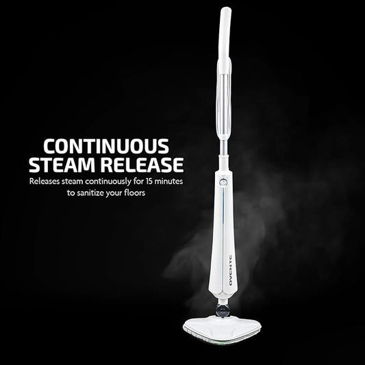 OVENTE Electric Steam Mop Cleaner, 1300W Floor Steamer with Swivel Head, Refillable Water Tank and Washable Microfiber Pad for Cleaning Carpet, Hardwood, Laminate Floor, Tiles and Grout, White ST405W