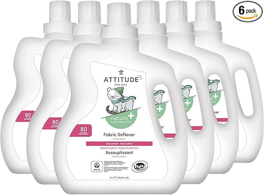 ATTITUDE Baby Fabric Softener, Plant and Mineral-Based Ingredients, HE Compatible, Vegan and Cruelty-free Laundry and Household Products, Unscented, 80 Loads, 67.6 Fl Oz (Pack of 6)