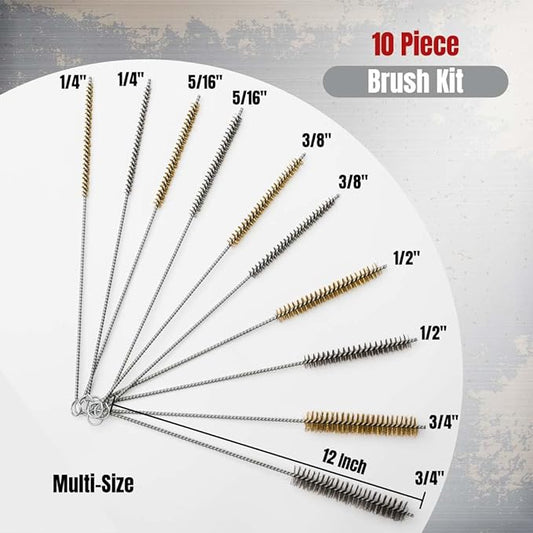 10-Piece Tube Cleaning Brush Kit | Brass Wire Bore Brushes & Stainless Steel Brushes 12" Long (1/4" to 3/4") for Tubes, Cylinders, and Narrow Spaces