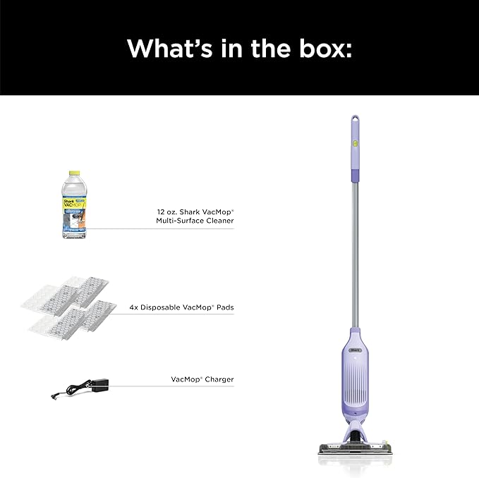 Shark VACMOP Pro Cordless Hard Floor Cleaner, Vacuum and Spray Mop, Powerful Suction, Lightweight, LED Headlights, Includes 4 Disposable Pads, 12oz Multi-surface Cleaning Solution, Lavender, VM252PL