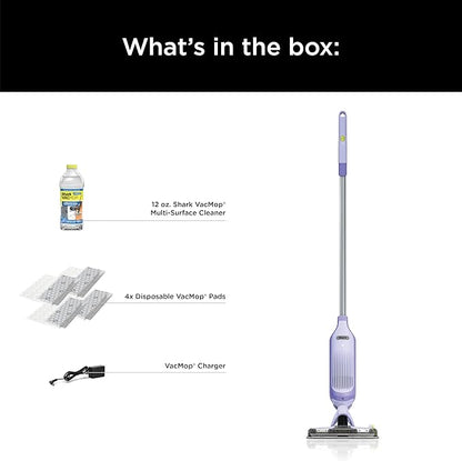 Shark VACMOP Pro Cordless Hard Floor Cleaner, Vacuum and Spray Mop, Powerful Suction, Lightweight, LED Headlights, Includes 4 Disposable Pads, 12oz Multi-surface Cleaning Solution, Lavender, VM252PL