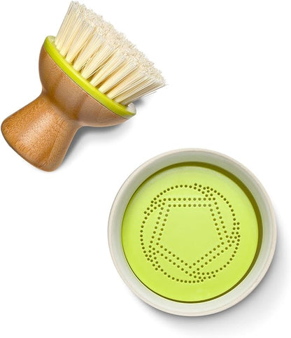 Full Circle Bubble Up Bamboo Dish Brush – Ergonomic Palm Scrubbers with Handle for Kitchen Cleaning, Hand Washable Green Brushes, Green, Pack of 2