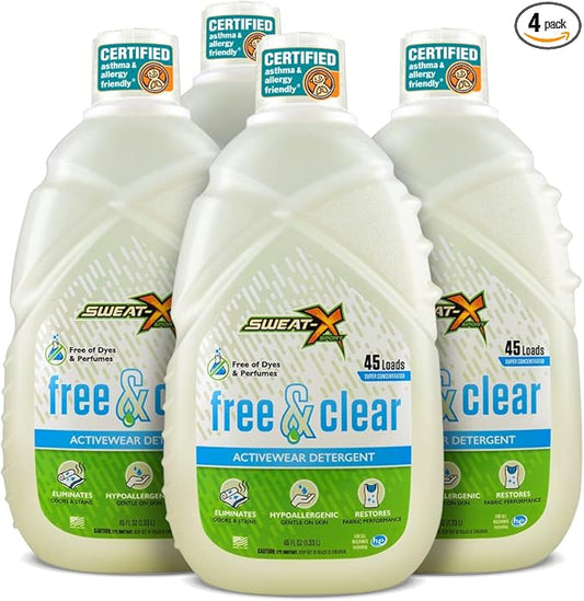 Sweat X Free & Clear Activewear Laundry Detergent – Certified Asthma & Allergy Friendly® – Hypoallergenic – Remove the Worst Odors & Toughest Stains – High-Performance Sports Wash – 45 Loads – 4 Pack
