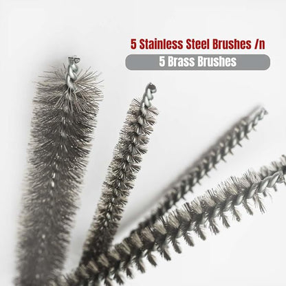 10-Piece Tube Cleaning Brush Kit | Brass Wire Bore Brushes & Stainless Steel Brushes 12" Long (1/4" to 3/4") for Tubes, Cylinders, and Narrow Spaces
