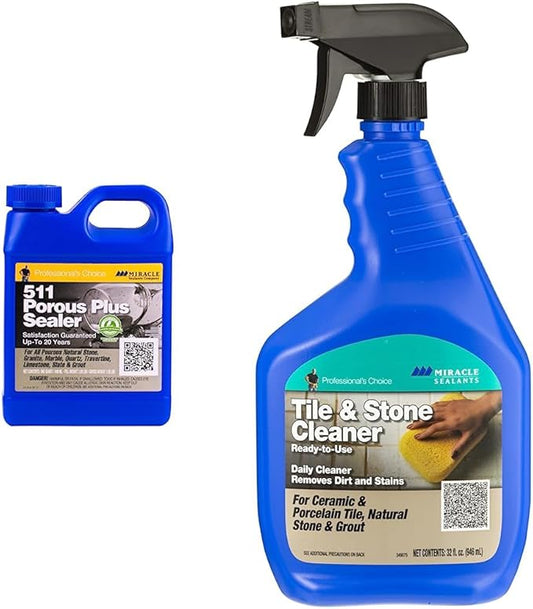 Miracle Sealants Plus QT 511 Porous Plus Sealer 32 oz Quart & TSC632OZR Tile & Stone Cleaner Spray, 32 oz