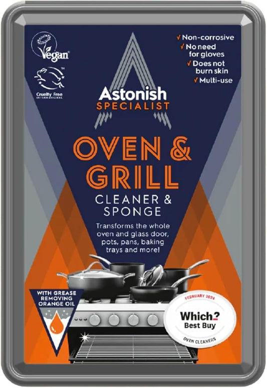 Astonish Specialist Oven & Grill Cleaner & Sponge, 250g – Powerful Degreasing Paste with Orange Oil, Restores Shine Without Harsh Chemicals – For Ovens, Grills, Racks & Toughened Glass