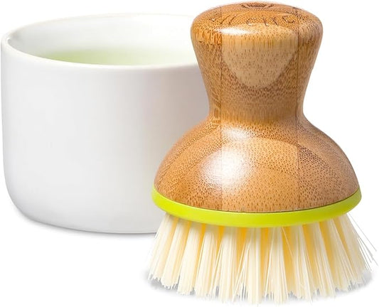 Full Circle Bubble Up -Bamboo Dish Brush & Ceramic Soap Dispenser -Scrub Set for Dishes, Nonstick and Cast Iron -Kitchen Cleaning Tool with Natural Bamboo Handle,White