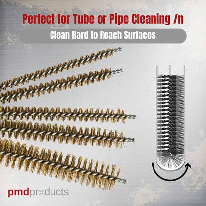 10-Piece Tube Cleaning Brush Kit | Brass Wire Bore Brushes & Stainless Steel Brushes 12" Long (1/4" to 3/4") for Tubes, Cylinders, and Narrow Spaces