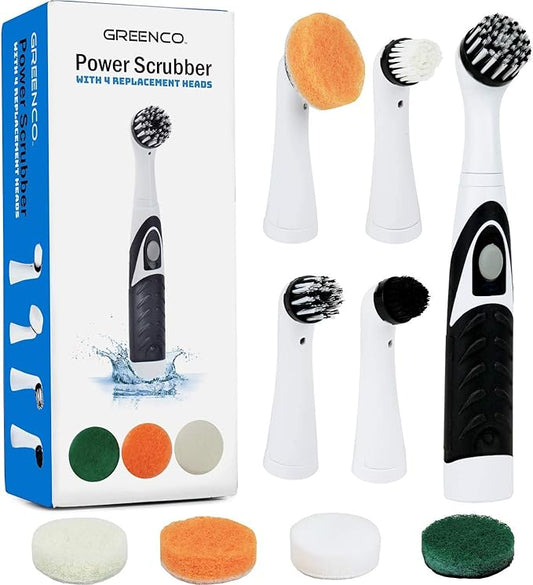 Greenco Electric Scrub Brush with 4 Replaceable Brush Attachment Heads, Electric Cleaning Brush Scrubber, Spin Scrubber, Bathroom and Grout Auto Power Scrubber, New and Improved Version