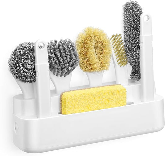 Dish Brush Set of 7 with Holder for Scrubing Dishes Pots Pans Bowls Plates Bottles Sinks Grills Kitchen Counter Microwaves,Organize in 1,Easy Storage,Compact design,Exchangeable handle,Drainage Design