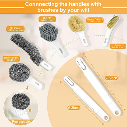 Dish Brush Set of 7 with Holder for Scrubing Dishes Pots Pans Bowls Plates Bottles Sinks Grills Kitchen Counter Microwaves,Organize in 1,Easy Storage,Compact design,Exchangeable handle,Drainage Design