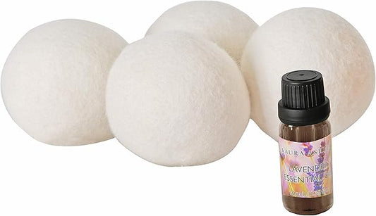 Laura Ashley 4 Pack Reusable Wool Dryer Balls and Lavender Essential Oil Kit to Soften Clothes in Dryer and Reduce Wrinkles and Static