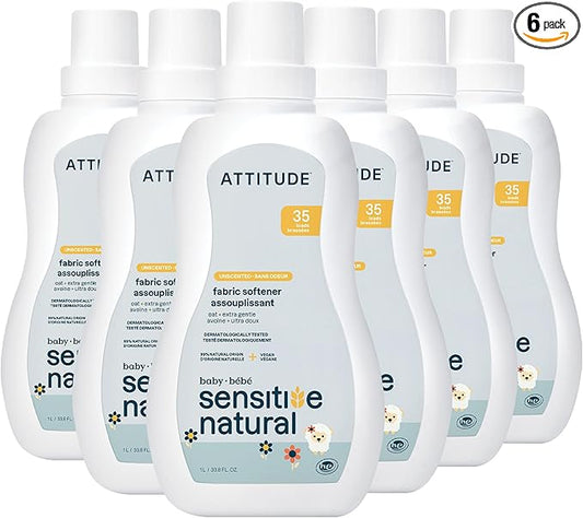 ATTITUDE Baby Fabric Softener for Sensitive Skin, Plant and Mineral-Based Ingredients, Vegan and Cruelty-free Household Products, Unscented, 35 Loads, 33.8 Fl Oz (Pack of 6)